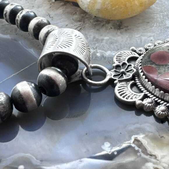 Sterling Southwestern Style Oval Peanut Obsidian Decorated Pendant For Women - Picture 3 of 10